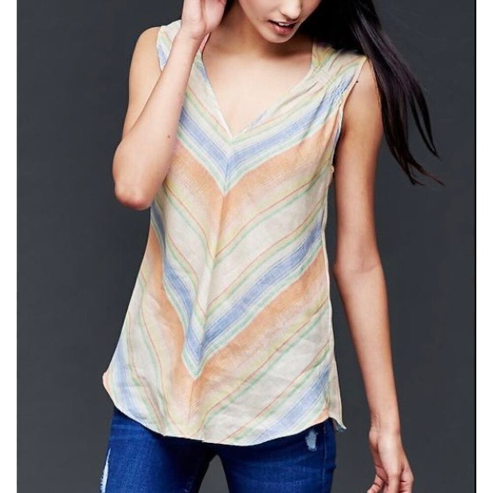 Gap 100% Linen Chevron Smocked Tank Top Blouse Rainbow Striped Vacation Beach